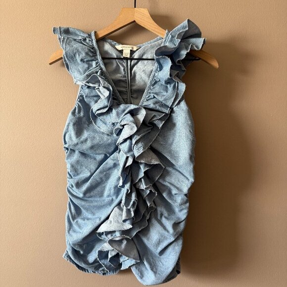 Women's 8 Boston Proper Chambray Ruffle Sleeveless Blouse - Picture 4 of 9